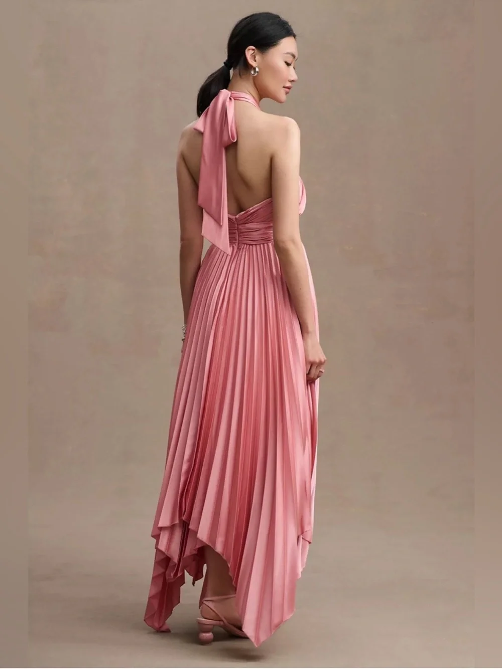 MAC DUGGAL Pleated A-Line Asymmetrical Halter Gown